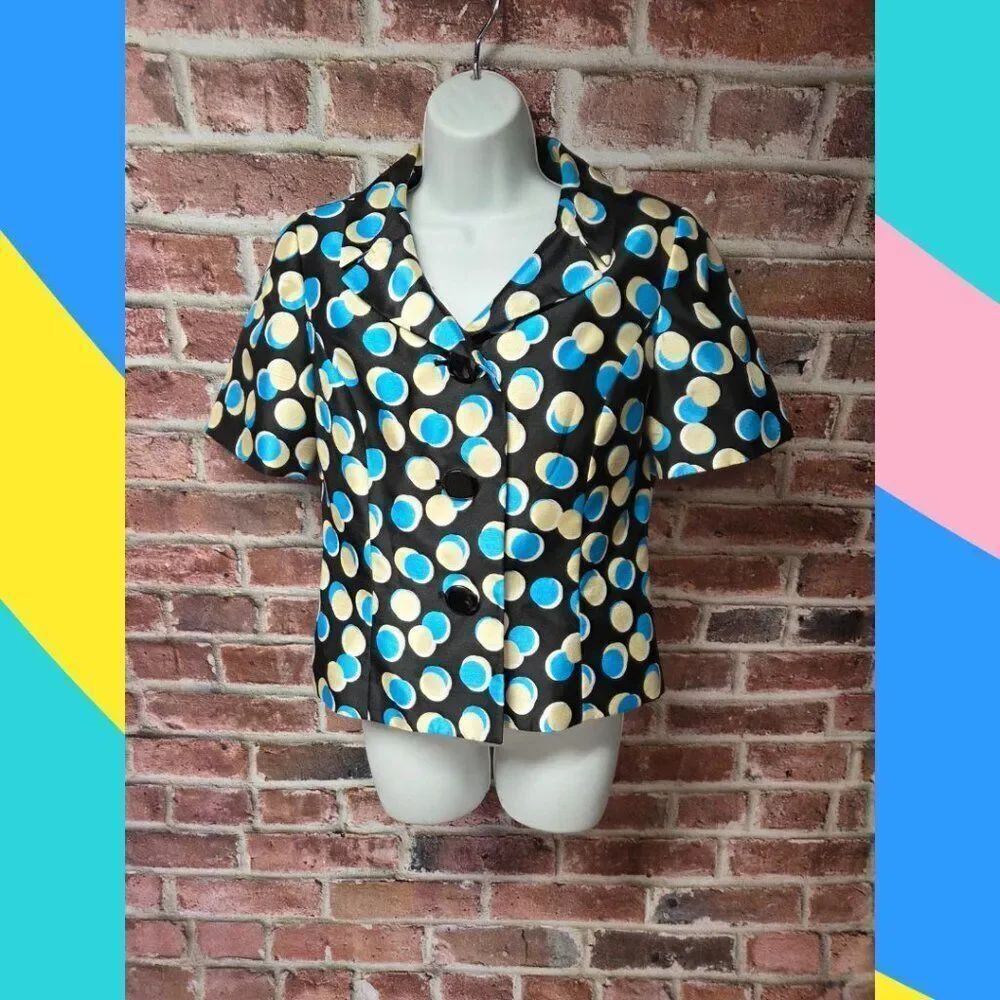 Vintage Le Suit Blue Black Polka Dot Blouse Size 6 Short‎ Sleeve Padded